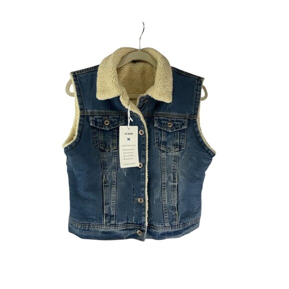 Omoone Sherpa-Lined New Denim Vest Button Closure M Blue Sleeveless Jacket Stree - Picture 1 of 7